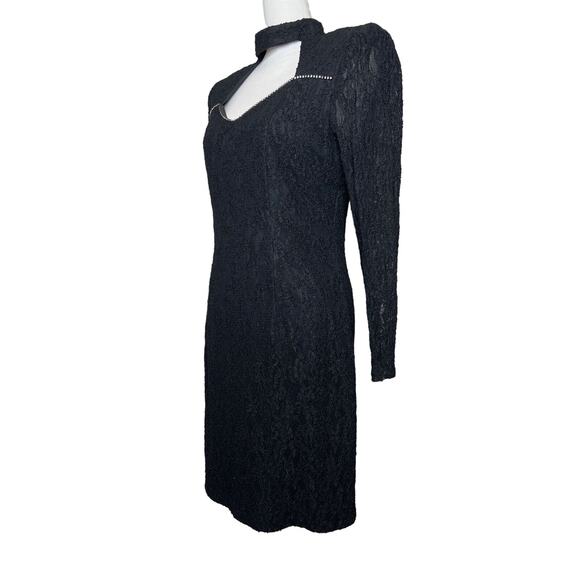 Vintage 80s Size Small Black Lace Cocktail Semi Formal Dress Cut Out Backless - Picture 3 of 13